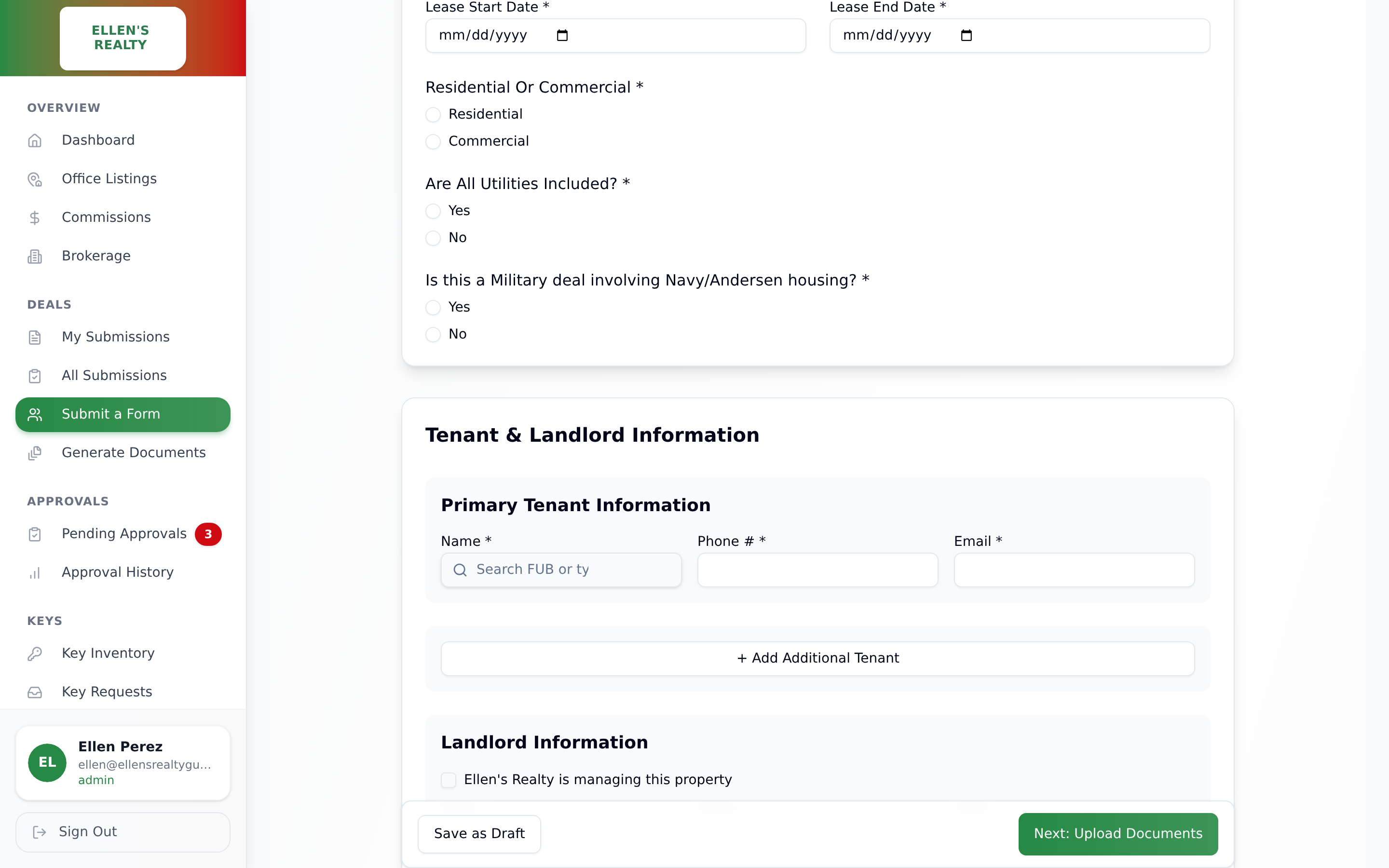 The rental profile form with tenant and landlord sections