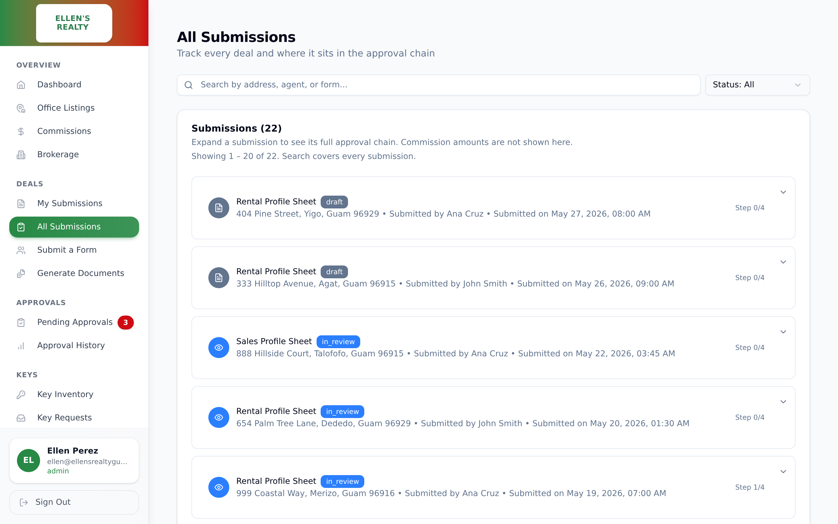 Every submitted deal with its status and approval step